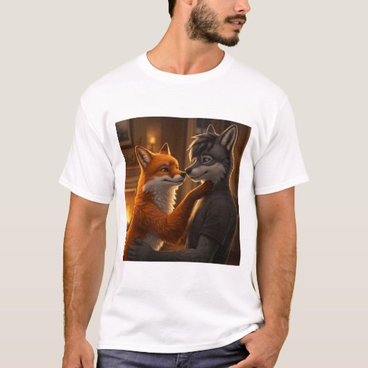 Fireside Tenderness: een vos en wolf omhelzen T-shirt (Voorkant)