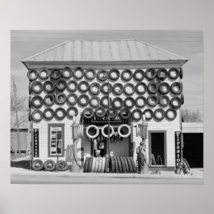 Firestone-bandenwinkel, 1940. Oude foto Poster