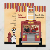 Firetruck 2 Foto Birthday Party Invitation Kaart (Voorkant / Achterkant)