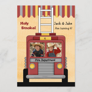 Firetruck 2 Foto Birthday Party Invitation Kaart