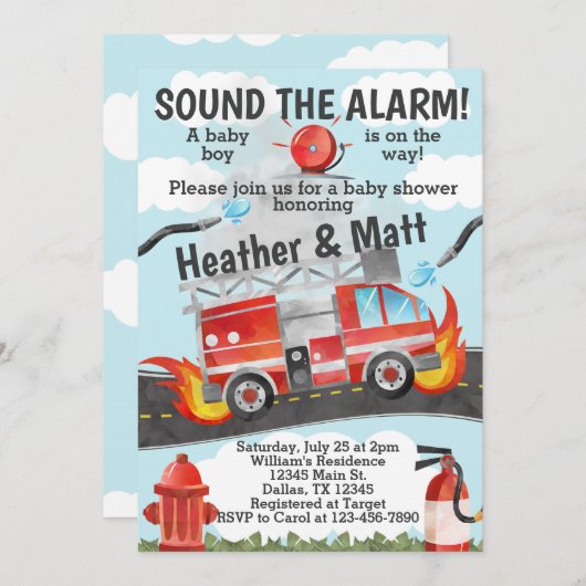 Firetruck Baby shower Invitation, Fireman Invite Kaart (Voorkant / Achterkant)