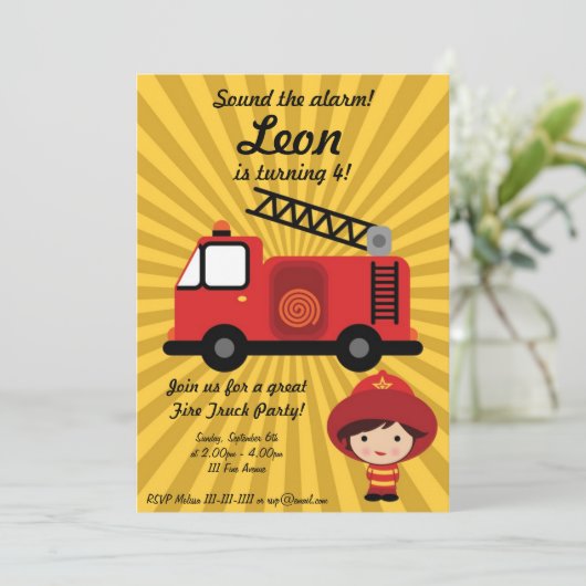 FireTruck Birthday Party Invitation Kaart (Staand voorkant)