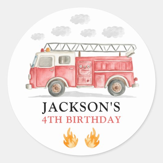 Firetruck Calling All Firefigthers Boy Birthday Ronde Sticker (Voorkant)