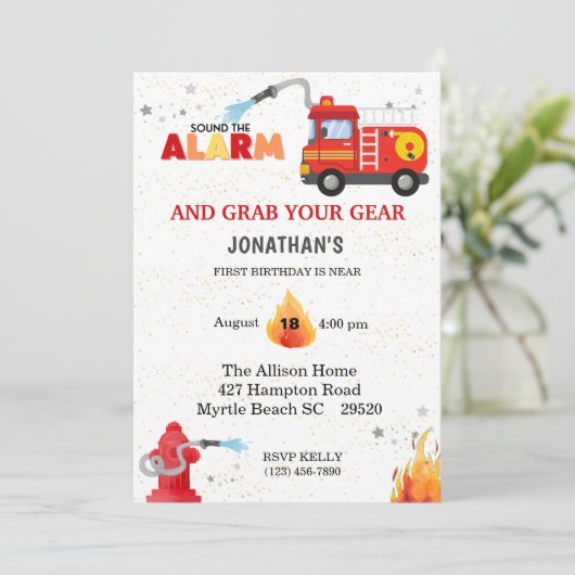 Firetruck Eerste Verjaardagsfeestuitnodiging Kaart (Staand voorkant)