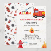 Firetruck Eerste Verjaardagsfeestuitnodiging Kaart (Voorkant / Achterkant)