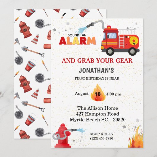Firetruck Eerste Verjaardagsfeestuitnodiging Kaart (Voorkant / Achterkant)