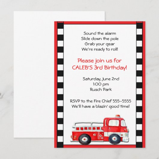 Firetruck Fire Truck Man Verjaardagsfeestuitnodigi Kaart (Voorkant / Achterkant)
