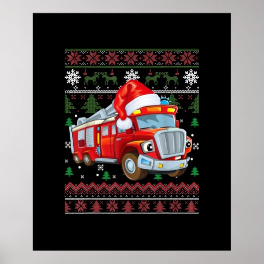 Firetruck Firefighter Christmas Cute Boy Santa Hat Poster (Voorkant)