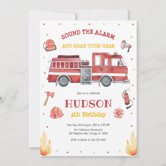 Firetruck Firefighter Kids Birthday Invitation Kaart (Voorkant)