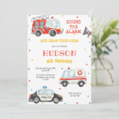 Firetruck Firefighter Kids Birthday Invitation Kaart (Staand voorkant)