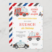 Firetruck Firefighter Kids Birthday Invitation Kaart (Voorkant / Achterkant)