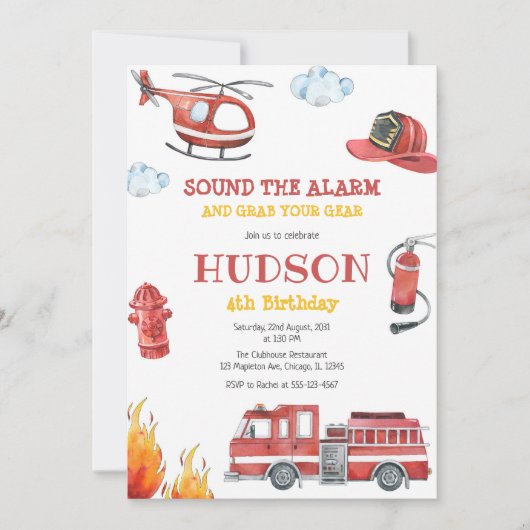 Firetruck Firefighter Kids Birthday Invitation Kaart (Voorkant)
