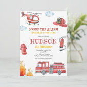 Firetruck Firefighter Kids Birthday Invitation Kaart (Staand voorkant)