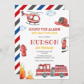 Firetruck Firefighter Kids Birthday Invitation Kaart (Voorkant / Achterkant)