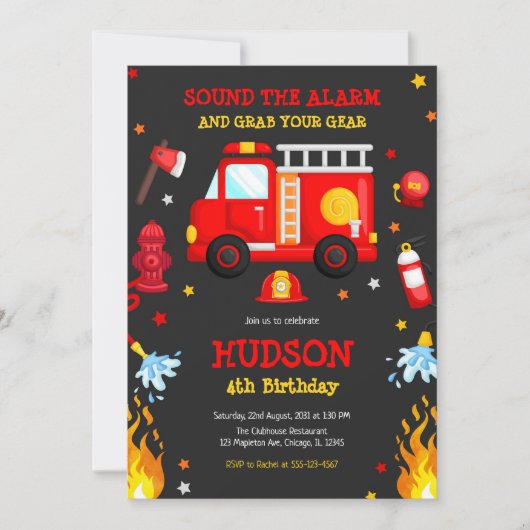 Firetruck Firefighter Kids Birthday Invitation Kaart (Voorkant)