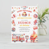 Firetruck Firefighter Kids Birthday Invitation Kaart (Staand voorkant)