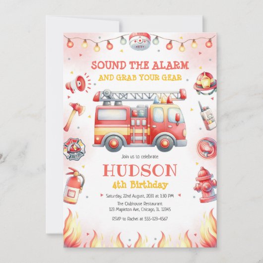 Firetruck Firefighter Kids Birthday Invitation Kaart (Voorkant)