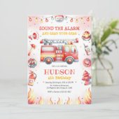 Firetruck Firefighter Kids Birthday Invitation Kaart (Staand voorkant)