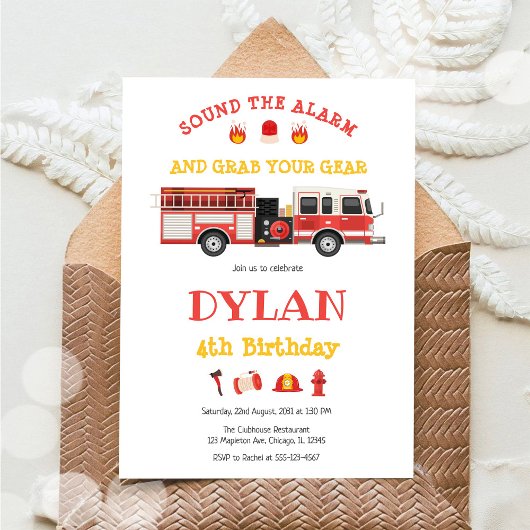 Firetruck Firefighter Kids Birthday Invitation Kaart