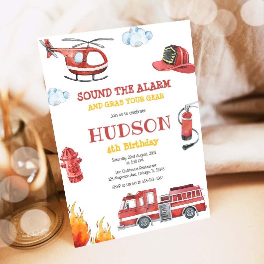 Firetruck Firefighter Kids Birthday Invitation Kaart