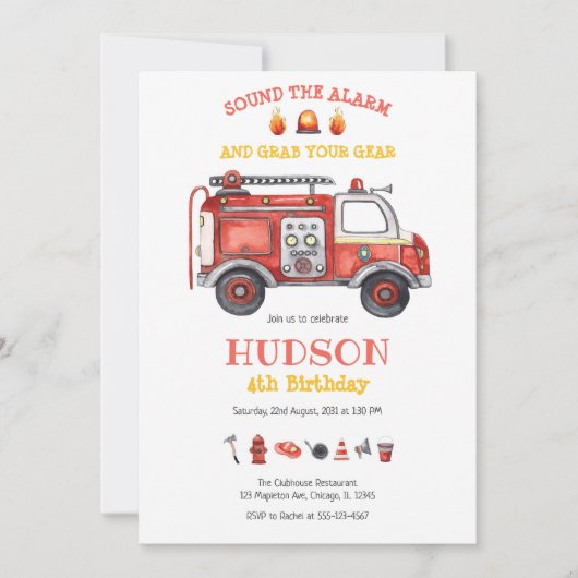 Firetruck Firefighter Kids Birthday Invitation Kaart (Voorkant)
