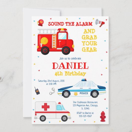 Firetruck Firefighter Kids Birthday Invitation Kaart (Voorkant)