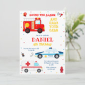 Firetruck Firefighter Kids Birthday Invitation Kaart (Staand voorkant)