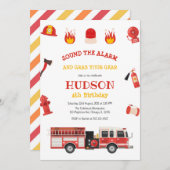Firetruck Firefighter Kids Birthday Invitation Kaart (Voorkant / Achterkant)