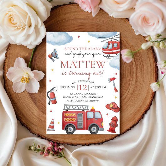 Firetruck First Birthday Invitation Kaart