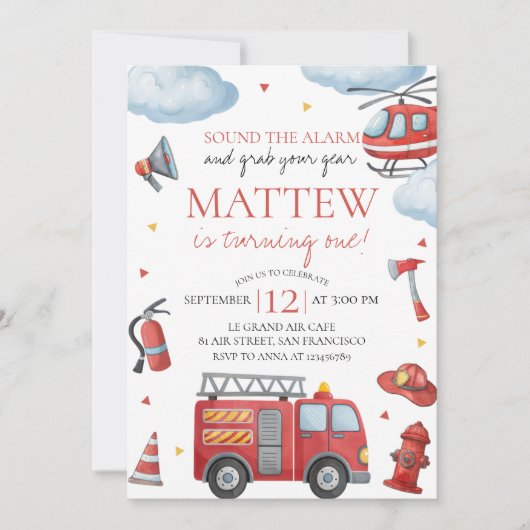 Firetruck First Birthday Invitation Kaart (Voorkant)