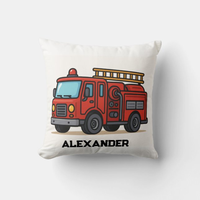 Firetruck gepersonaliseerde naam kinder werpkussen kussen (Voorkant)