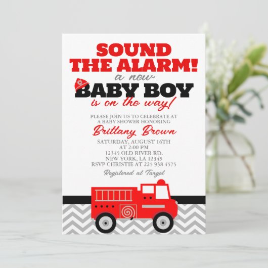 Firetruck Jongen Baby shower Uitnodiging (Staand voorkant)