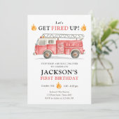 Firetruck Let's Get Fired Up Boy First Birthday Kaart (Staand voorkant)