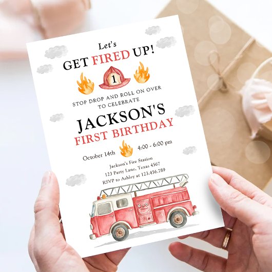 Firetruck Let's Get Fired Up Boy First Birthday Kaart