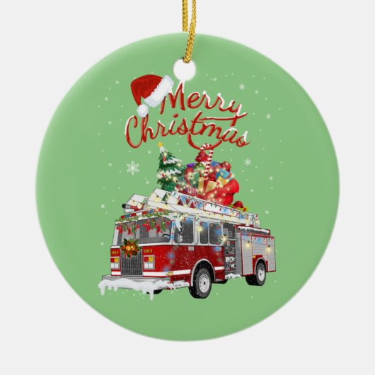 Firetruck Santa Sleigh Fireman-kerstvuurgevechten Keramisch Ornament (Voorkant)