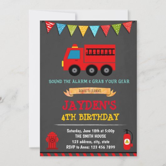 Firetruck verjaardagsfeestje uitnodiging (Voorkant)