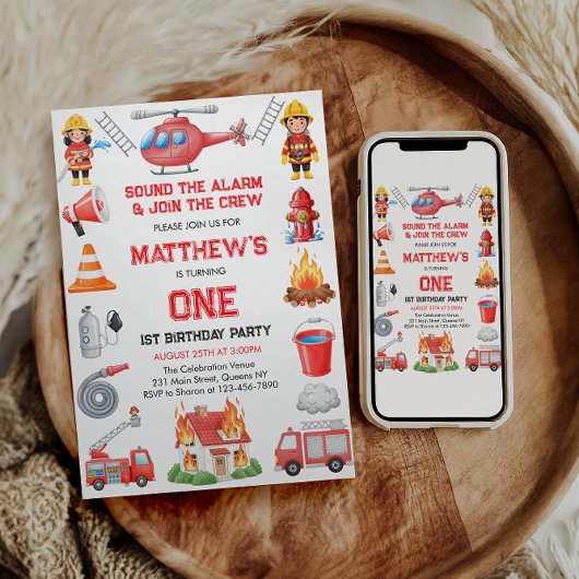 Firetrucks Boy 1st Birthday | Cute Little party Kaart