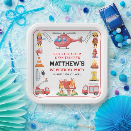 Firetrucks Boy 1st Birthday | Cute Little party Papieren Bordje (Feest)