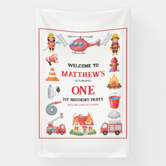 Firetrucks Boy 1st Birthday | Cute Little party Spandoek (Verticaal)