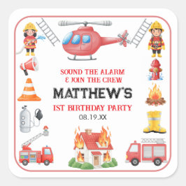 Firetrucks Boy 1st Birthday | Cute Little party Vierkante Sticker