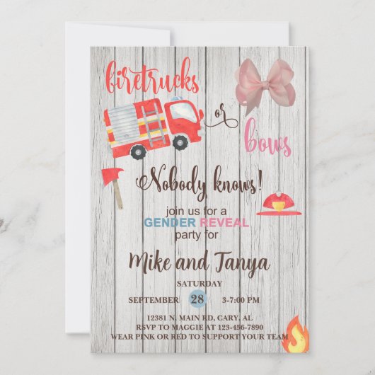 Firetrucks or Bows gender reveal invitation. Kaart (Voorkant)