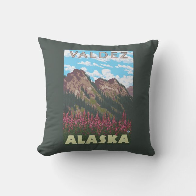 Fireweed & Bergen - Valdez, Alaska Kussen (Voorkant)