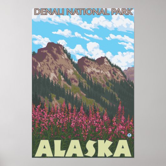 Fireweed & Mountains - Denali Nat'l Park, Poster (Voorkant)