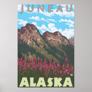 Fireweed & Mountains - Juneau, Alaska Poster