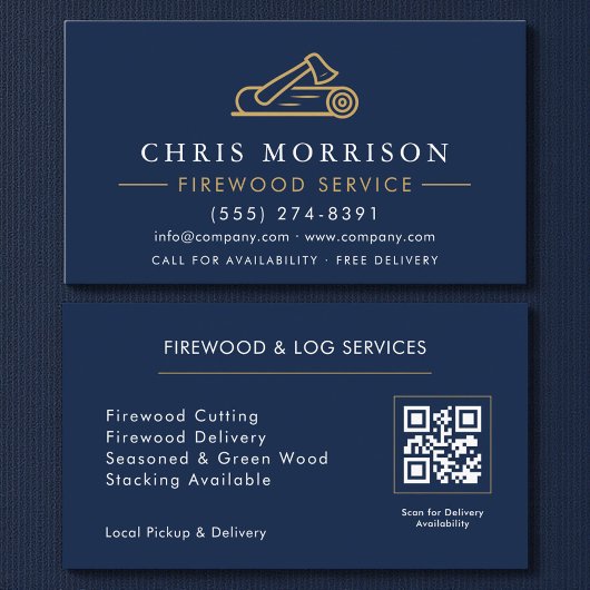 Firewood Supply Service Navy Blue Gold QR Code Visitekaartje