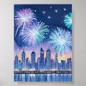 Firework Cityscape | Blue Lofi Digital Watercolor Poster (Voorkant)