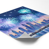 Firework Cityscape | Blue Lofi Digital Watercolor Poster (Hoek)