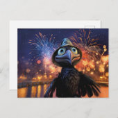 Firework Wonder Raven Watching Night Sky In Styliz Briefkaart (Voorkant / Achterkant)