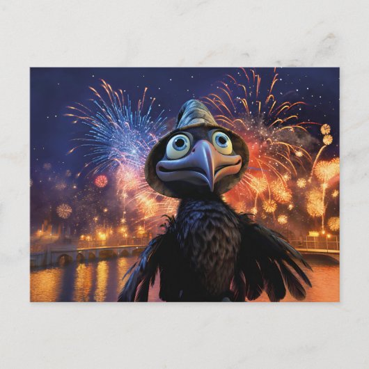 Firework Wonder Raven Watching Night Sky In Styliz Briefkaart (Voorkant)