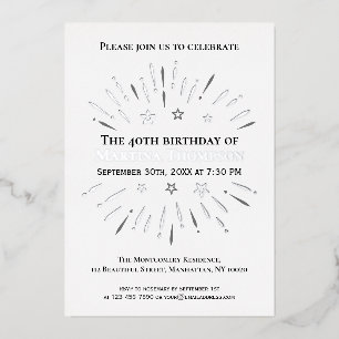 Fireworks 40th Birthday Party Black White Grey Folie Uitnodiging